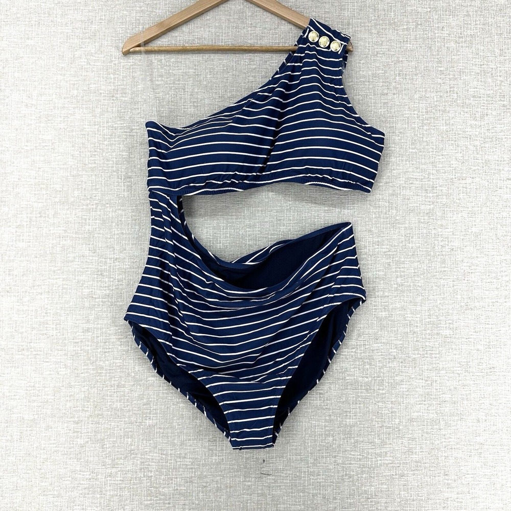 J.Crew Cut Out One Piece Swimsuit Womens 24‎ Blue Striped Full Coverage Buttons